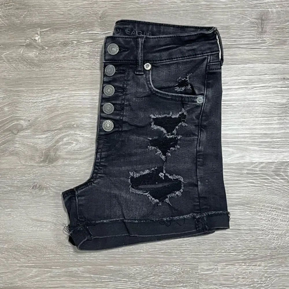 America Eagle Super Hi-Rise Distressed Shortie Size 2 Women’s Faded Black - Picture 8 of 13